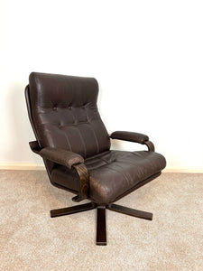 Danish Mid Century Brown Leather Bentwood Armchair, Vintage Lounge Accent Chair