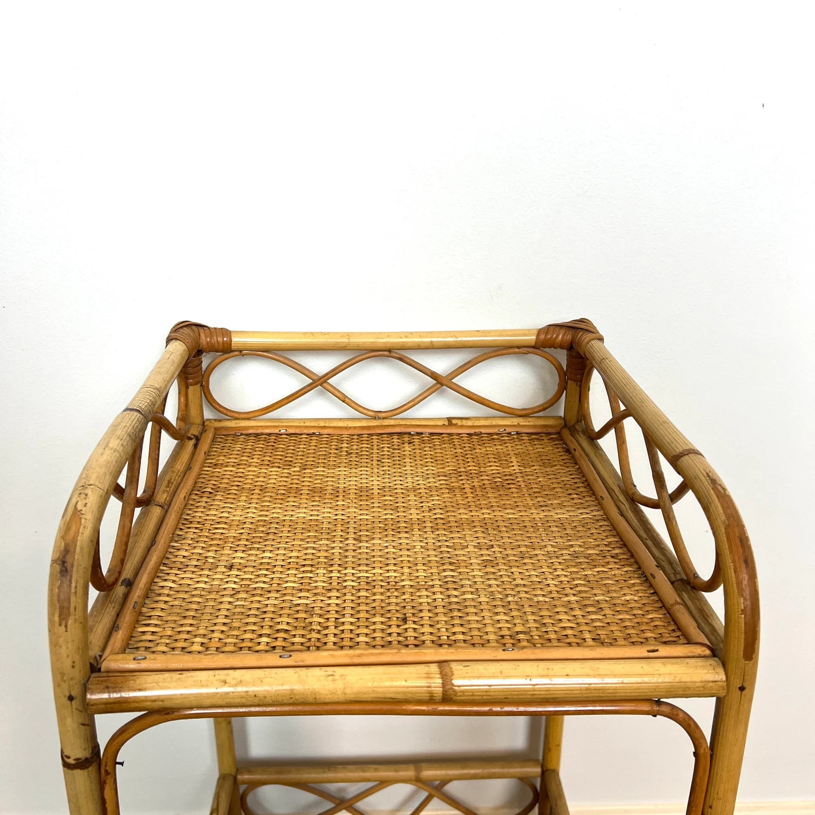 Vintage Rattan Bamboo Bedside Table, Boho Retro