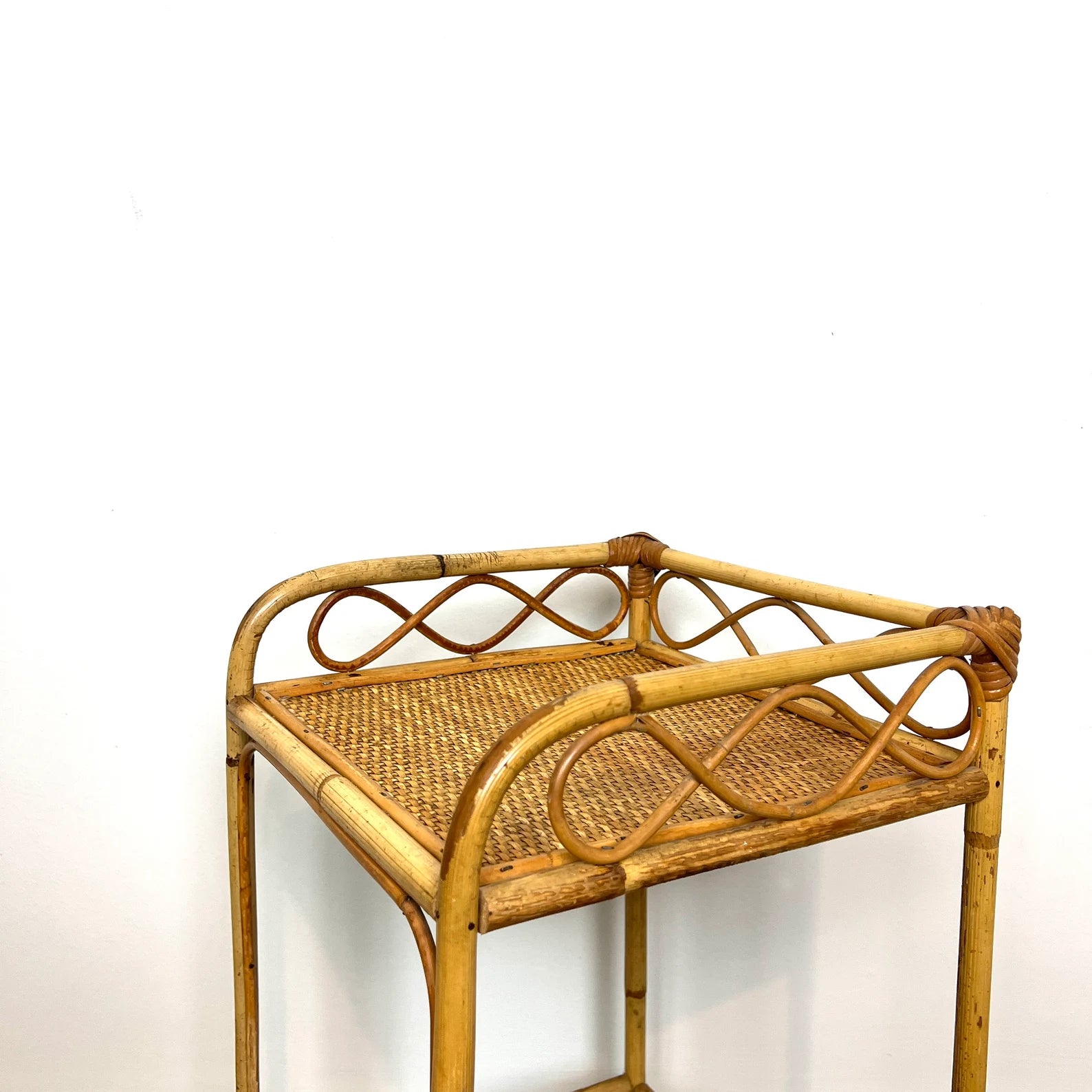 Vintage Rattan Bamboo Bedside Table, Boho Retro