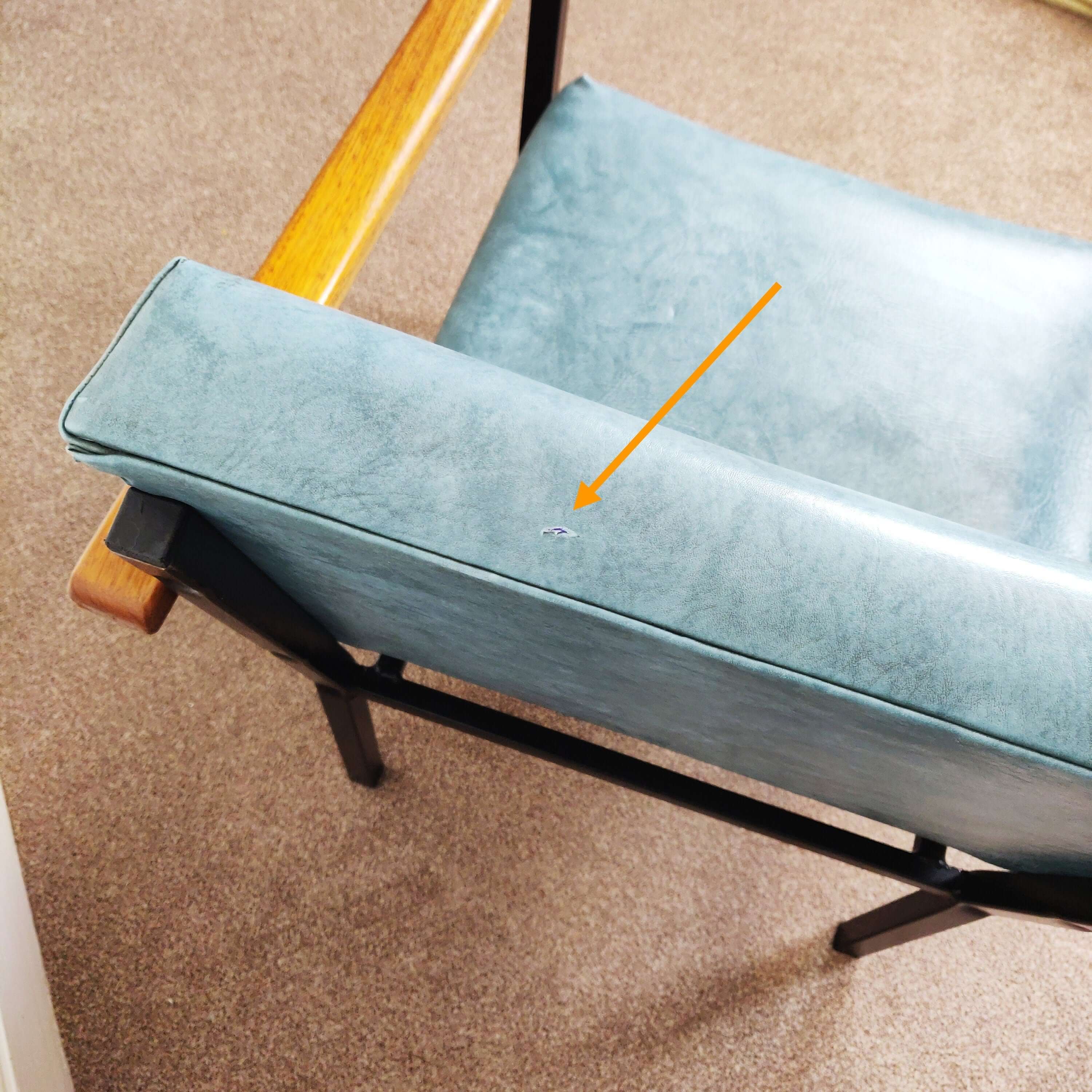 Blue mid century armchair top view of back rest