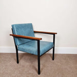 Load image into Gallery viewer, Blue mid century armchair facing right
