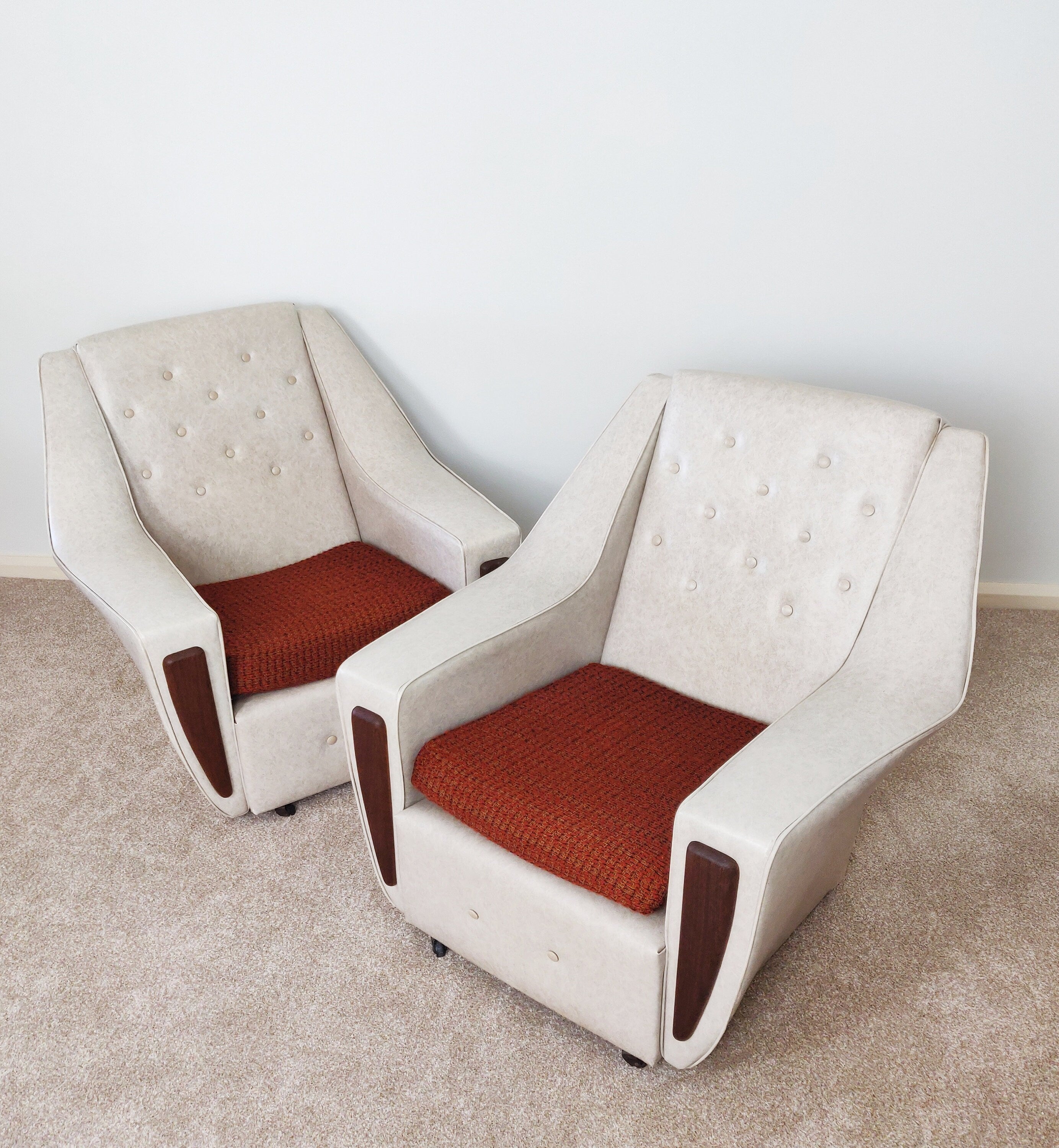 A Pair of Mid Century Lounge Chairs, Vintage Leatherette Danish Style Armchairs, Retro