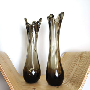 Pair of Italian Vintage Smoked Glass Vases, Mid Century Handmade Tall Grey Glass Vases