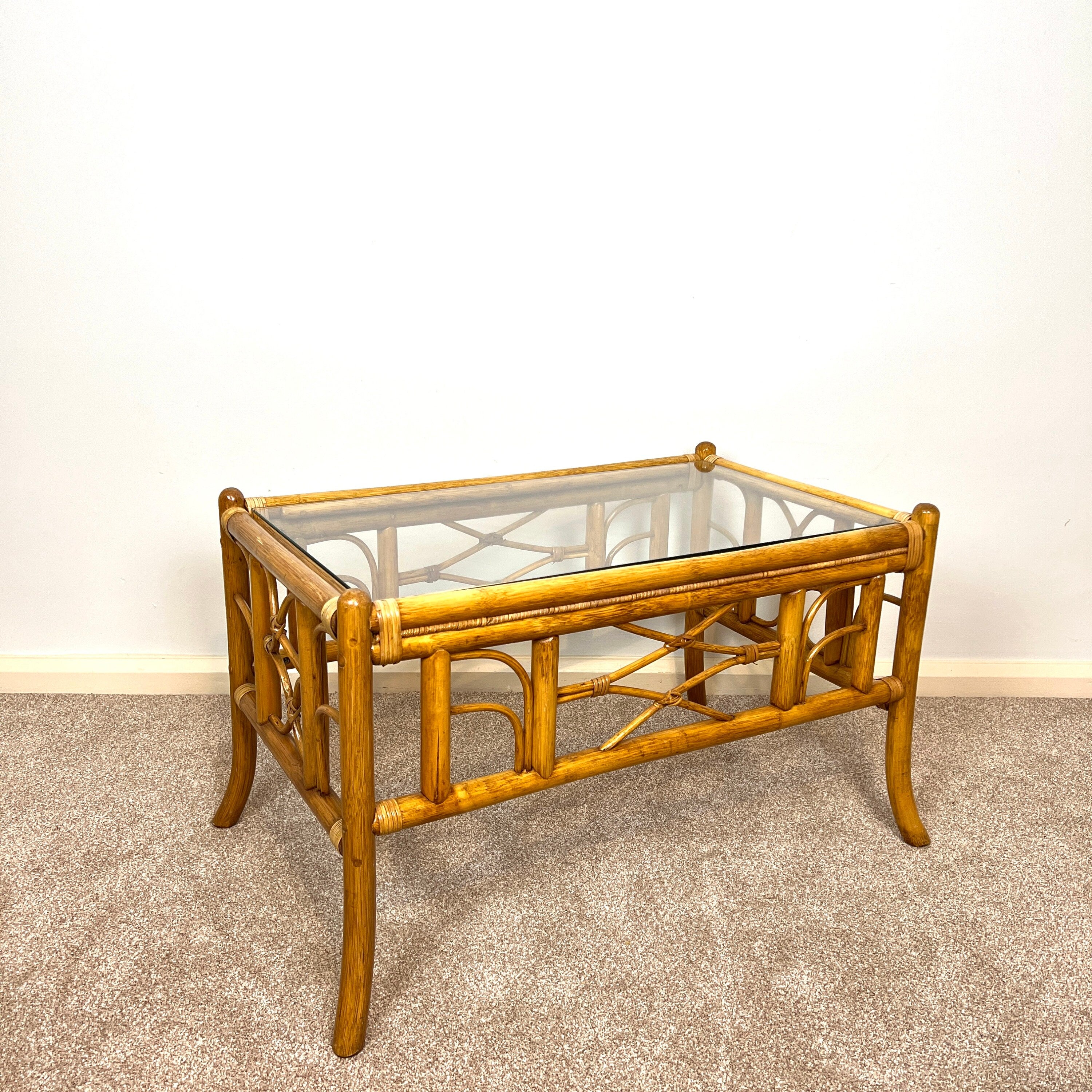 Vintage Bamboo Coffee Table, Boho Tiki Cane Glass Top Coffee Table