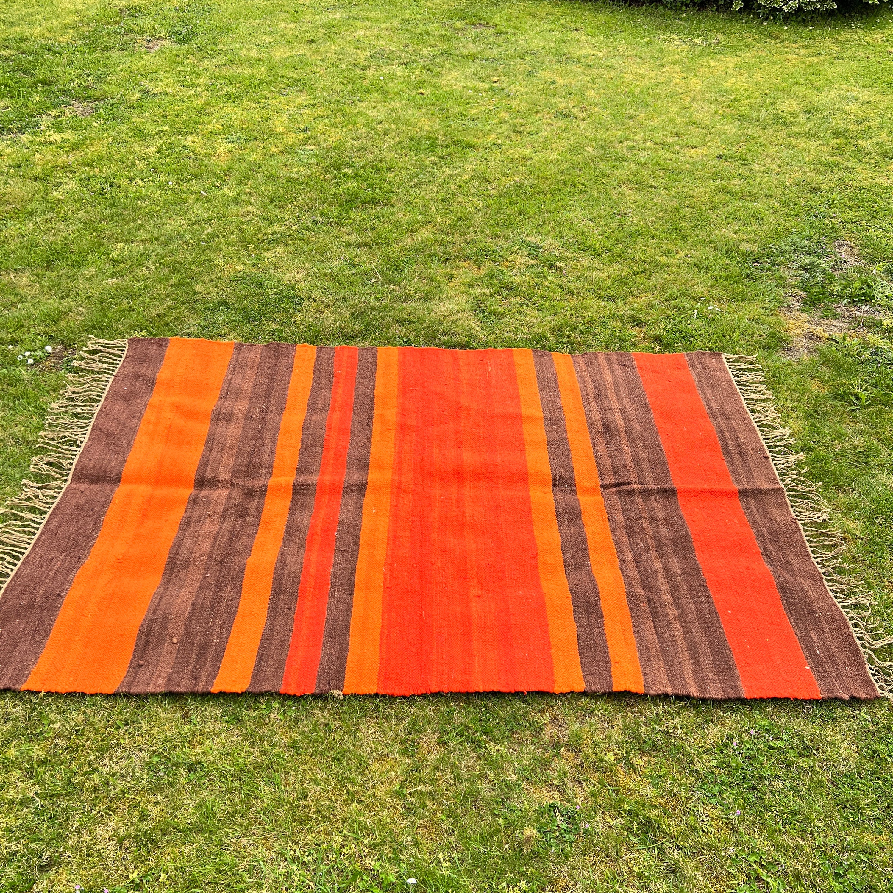 XL Vintage Handmade Wool Rug - Mid Century Space age Handwoven Orange Brown Area Rug
