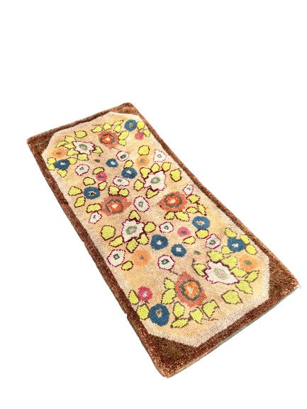 Mid Century Brown Green Floral Small Hook Rug,