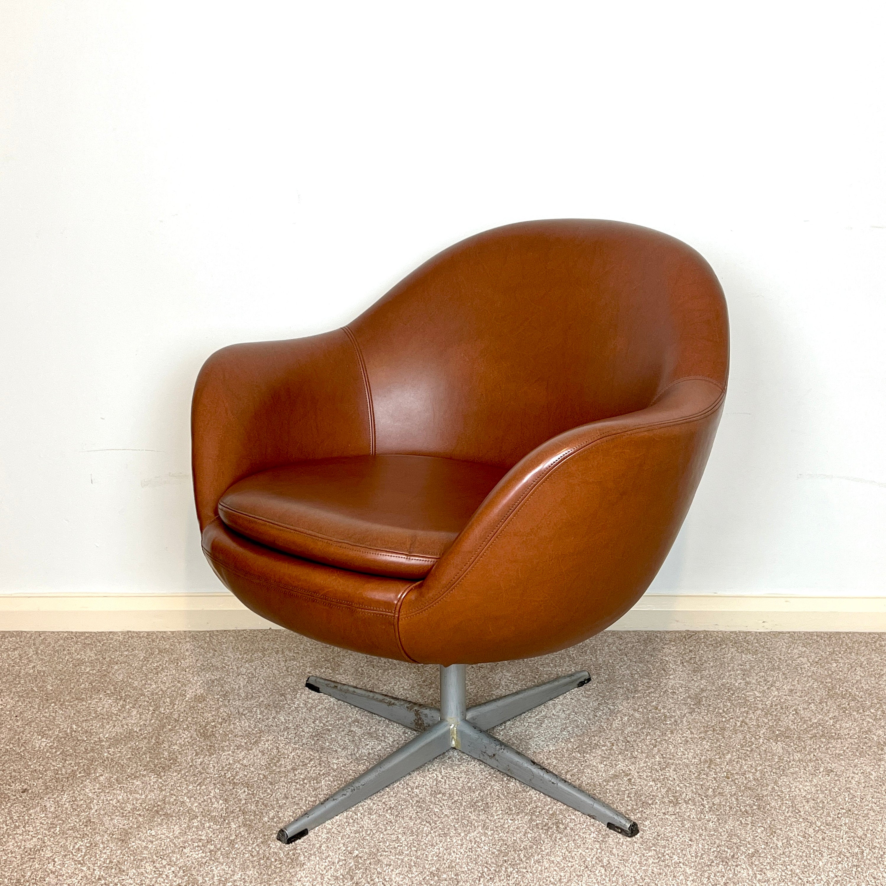 Mid Century Brown Faux Leather Swivel Chair, Vintage Leatherette Lounge  Egg Armchair
