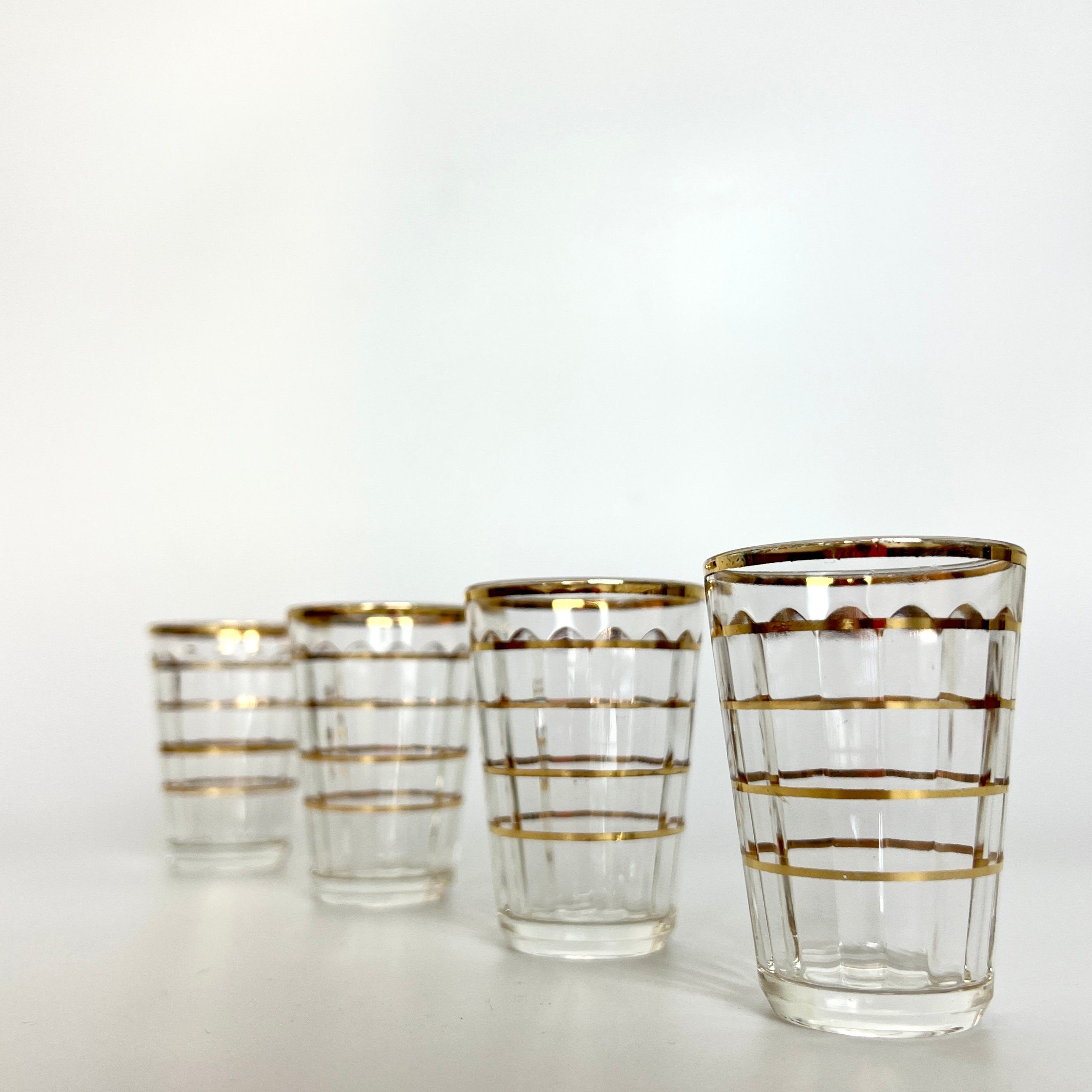 Italian Mid Century Gold Stripe Fluted Shot Glasses - Set of 4