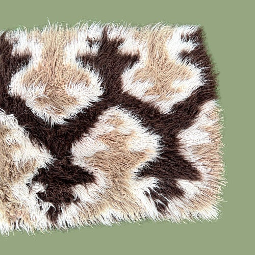 180 cm Vintage Brown Cream Beige Wool High pile Flokati Rug 70s