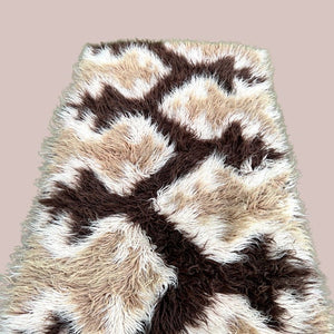 180 cm Vintage Brown Cream Beige Wool High pile Flokati Rug 70s