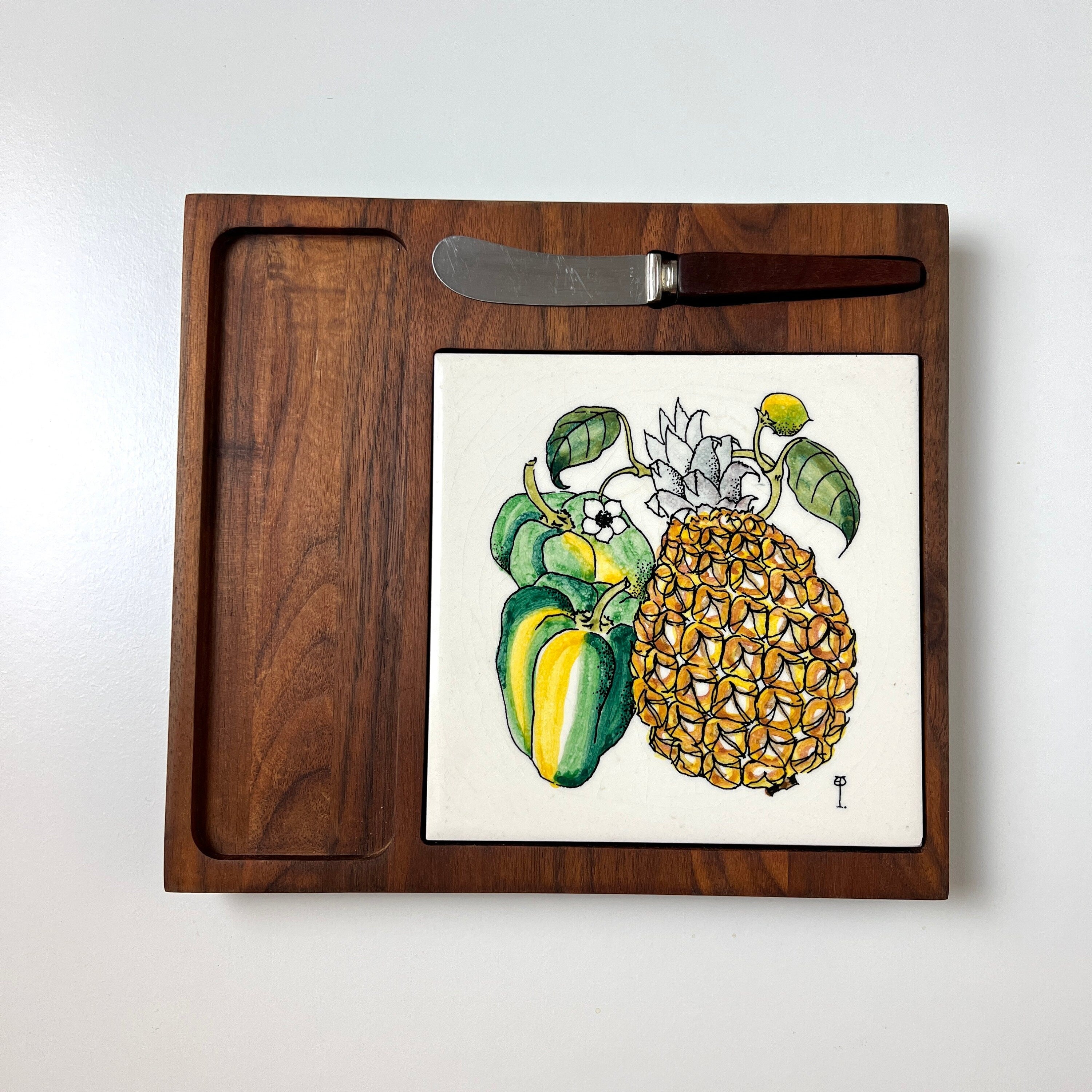 Mid Century Tiled Teak Cheese Board , Pineapple Cheese Plate